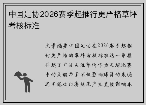 中国足协2026赛季起推行更严格草坪考核标准