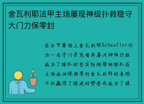 舍瓦利耶法甲主场屡现神级扑救稳守大门力保零封 舍瓦利耶法甲主场屡现神级扑救稳守大门力保零封