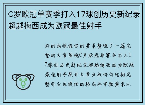 C罗欧冠单赛季打入17球创历史新纪录超越梅西成为欧冠最佳射手